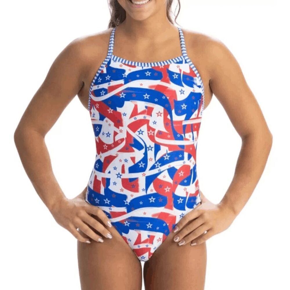 Dolfin Uglies Swimwear V-Back One Piece Swimsuit Red and Blue 36